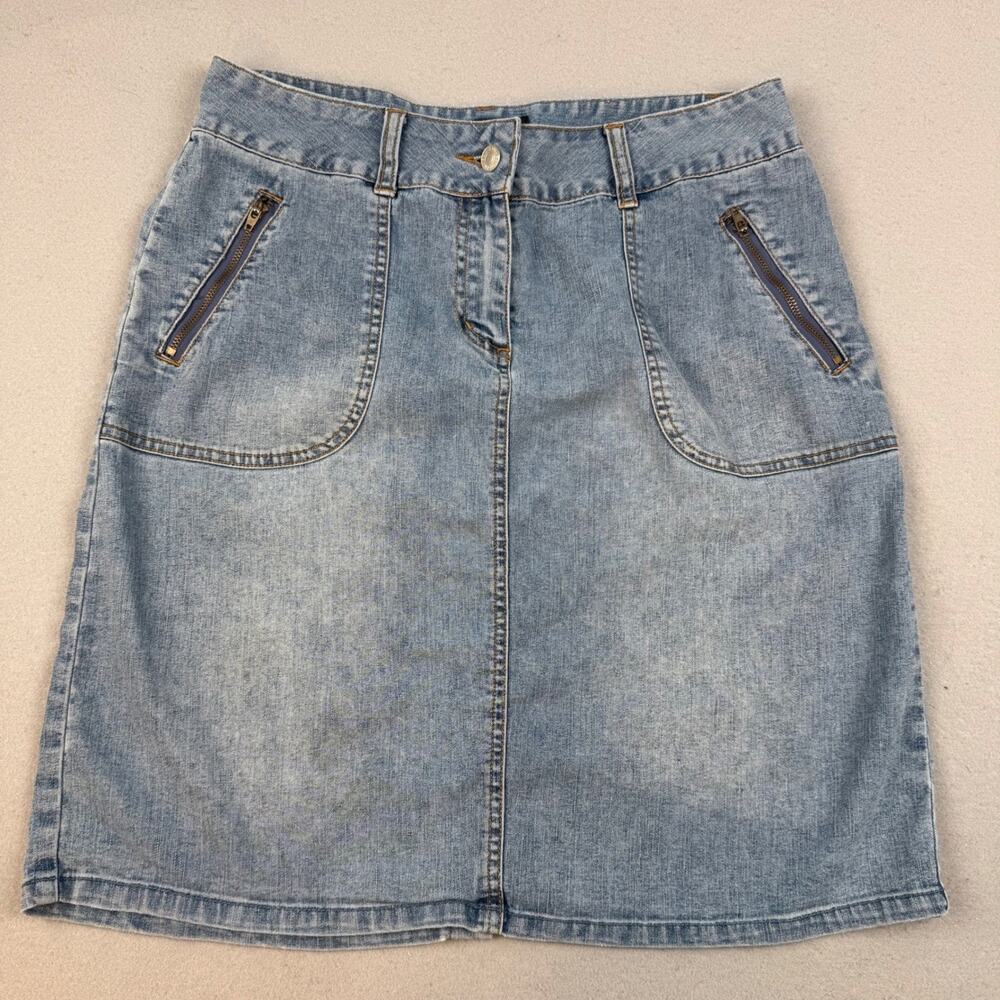 BAMI-BAM Y2K Denim Mini Skirt Womens Jr Size 5 Light Wash Zip Pocket Stretch 90s